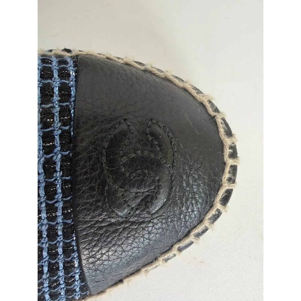 Chanel Blue Black Tweed CC Leather Cap Espadrille Flats
